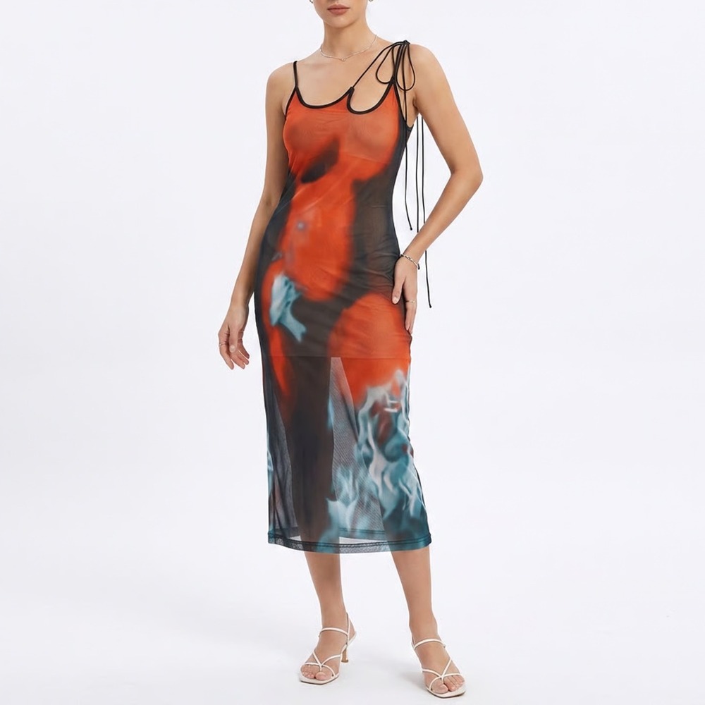 Halfheart Orange Abstract Graphic Mesh Cutout Midi Dress Large